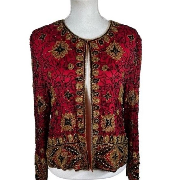 Adrianna Papell Red Beaded Silk Jacket Sz 10 Vintage Evening Statement - Picture 6 of 8